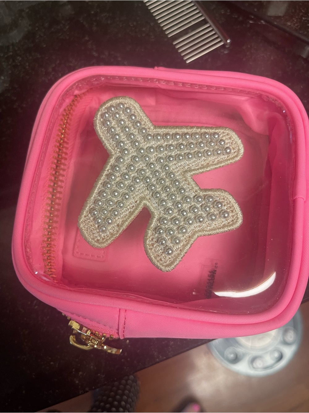 Stoney Clover Pink Clear Cosmetic Pouch with Embellished Airplane Patch